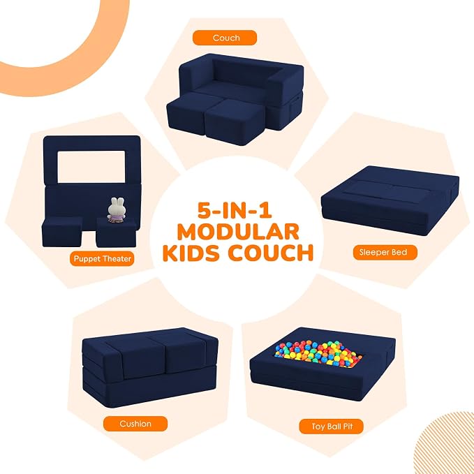 MeMoreCool Convertible Modular Kids Couch – Foam Toddler Sofa with Washable Removable Cover, Soft Plush Fold-Out Floor Couch for Bedroom (Navy)