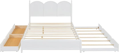 Merax Queen Size Platform Bed with 2 Storage Drawers and Twin XL Size Trundle, Rustic Design Wooden Bed Frame, White