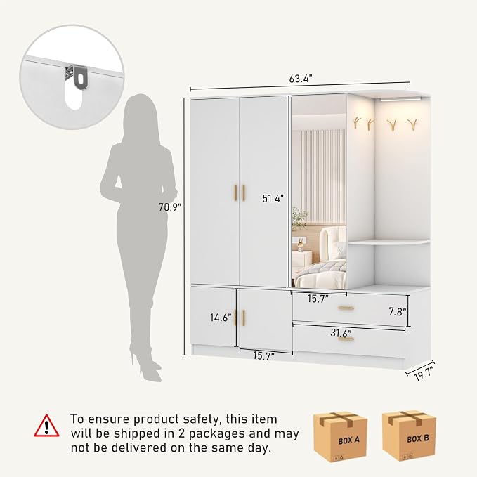 XVD Armoire Wardrobe Closet with Mirror & Sensor Light, Bedroom Armoire with 5 Doors & 2 Drawers, Modern Wooden Large Wardrobe Closet with Shelves, 4 Metal Hooks, 2 Hanging Roods, Open Space, White
