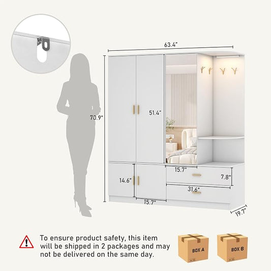 XVD Armoire Wardrobe Closet with Mirror & Sensor Light, Bedroom Armoire with 5 Doors & 2 Drawers, Modern Wooden Large Wardrobe Closet with Shelves, 4 Metal Hooks, 2 Hanging Roods, Open Space, White