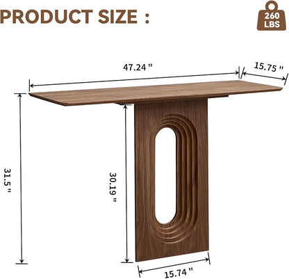 LKTART 47" MDF Console Table for Entryway, Narrow Entryway Table with Unique Loopback Design, Couch Table Behind Sofa with Single Loop-Leg for Living Room Hallway Foyer, Walnut