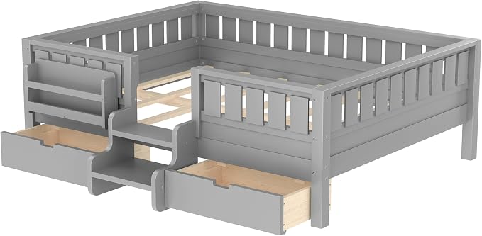 Bellemave Full Size Kids Montessori Bed with Stairs and Bookshelf,Solid Wood Full Size Kids Bed Frame with Drawers and Storage for Girls Boys,Low-Profile,Gray