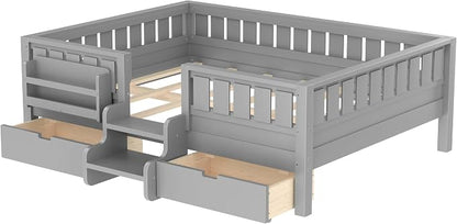 Bellemave Full Size Kids Montessori Bed with Stairs and Bookshelf,Solid Wood Full Size Kids Bed Frame with Drawers and Storage for Girls Boys,Low-Profile,Gray