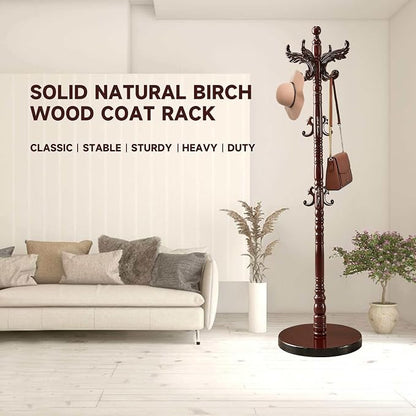 Wooden Coat Rack Stand, Natural Birch Wood Coat Rack Freestanding with Triangular Base, Sturdy Solid Wood Coat Racks with 14 Hooks, Vintage Coat Hall Clothes Tree for Entryway, Office, Corner