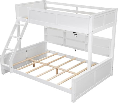 Wood Bunk Bed Twin XL Over Queen Size with Built-in Storage Cabinets and USB Ports, Versatile Bunk Bed Frame with Ladder and Guardrail for Kids Teens Adult, Maximize Space (White-T-Q)