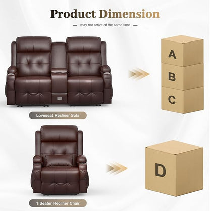 Reclining Loveseat, Massage Loveseat Recliner Sofa Heavy Weight Capacity, RV Love Seat Chair Clearance with Console, USB, Type C Port, Storage, Cup Holders, Wall Hugger Couch (Brown, 2+1)