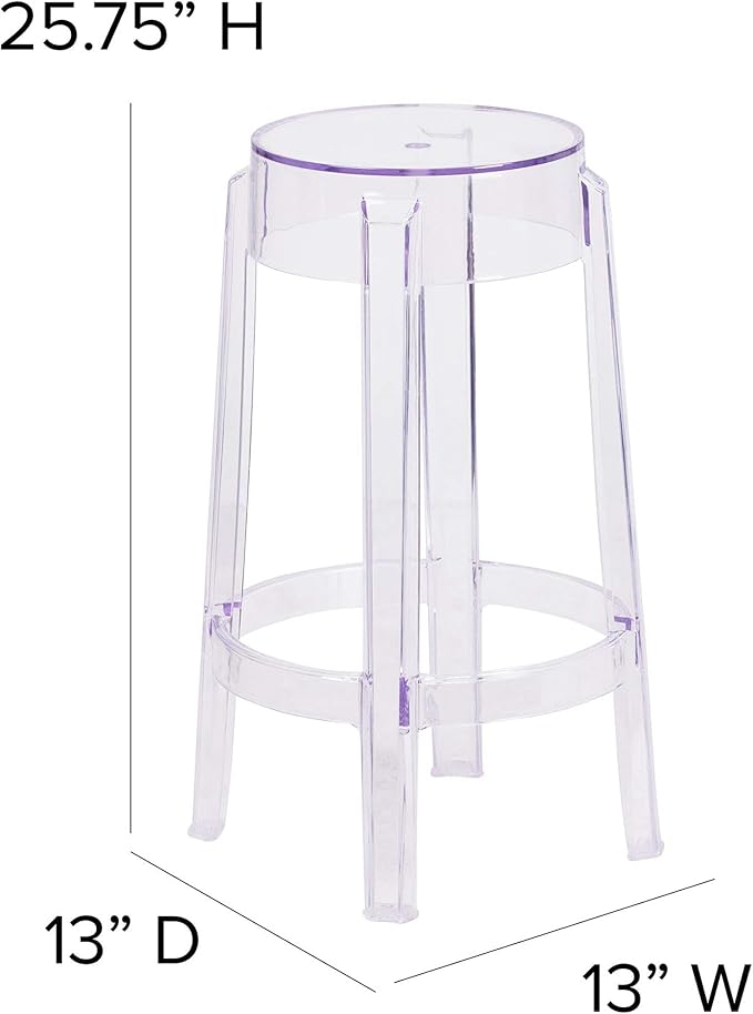 Flash Furniture Laney 25.75" Indoor/Outdoor Counter Height Transparent Dining Stool with Foot Ring, Stackable Ghost Counter Height Stool, Transparent