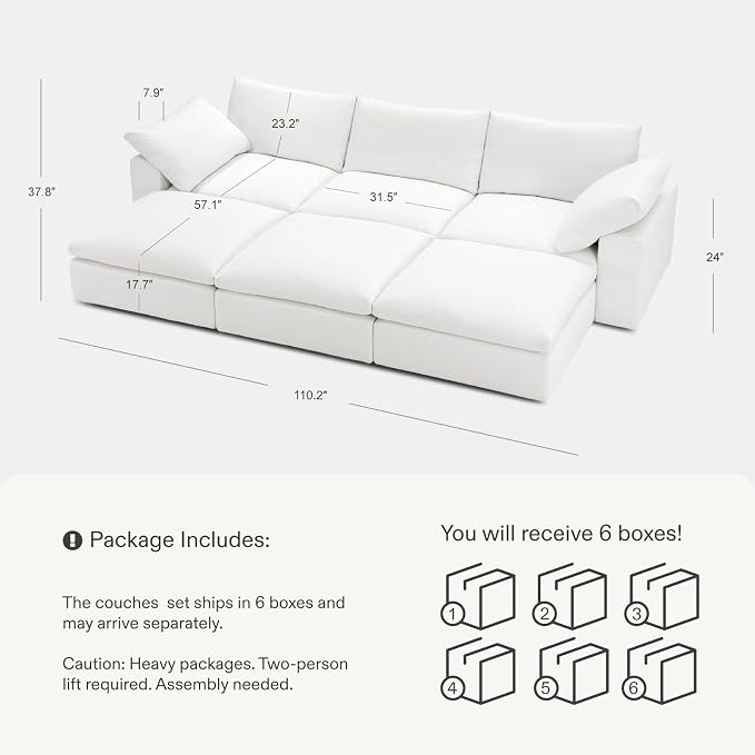 Cloud Couch Sectional 113.8'' Oversized Modular Deep Seat Sofa Bed Comfy White Cloud Couch with Washable Cover for Living Room 3 Seat & 3 Ottoman