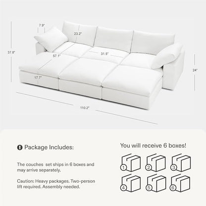 Cloud Couch Sectional 113.8'' Oversized Modular Deep Seat Sofa Bed Comfy White Cloud Couch with Washable Cover for Living Room 3 Seat & 3 Ottoman