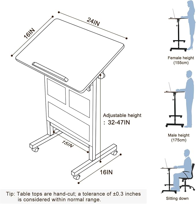 KOUPA Height Adjustable Standing Desk with Storage Bag widths16 in Length 24 in, Portable Rolling Mobile Stand Up Table with Wheels, 360 Degree Flip Laptop Computer Desk for Home Office, Rustic Brown