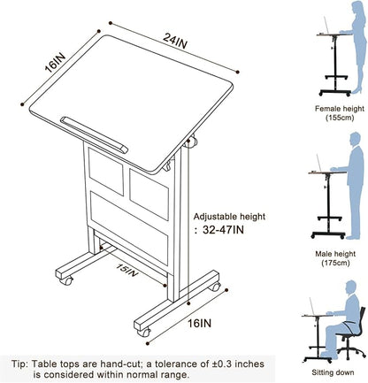 KOUPA Height Adjustable Standing Desk with Storage Bag widths16 in Length 24 in, Portable Rolling Mobile Stand Up Table with Wheels, 360 Degree Flip Laptop Computer Desk for Home Office, Rustic Brown