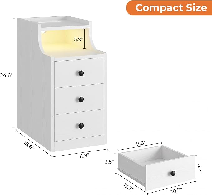 LIKIMIO Narrow Nightstand with Charging Station and LED Lights, Modern Night Stand, End Table with 3 Drawers, Open Shelf, Side Table for Living Room/Bedroom, White
