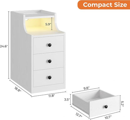 LIKIMIO Narrow Nightstand with Charging Station and LED Lights, Modern Night Stand, End Table with 3 Drawers, Open Shelf, Side Table for Living Room/Bedroom, White