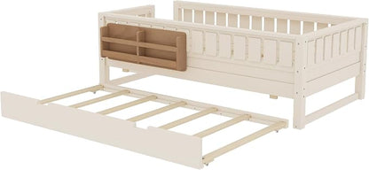 Bellemave Twin Kids Montessori Bed with Stairs, Bookshelf and Trundle, Solid Wood Kids Bed Frame with Storage for Boys Girls, Low Profile,Beige