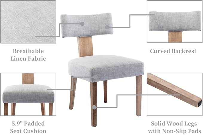 RIVOVA Mid Century Modern Dining Chairs Set of 2 Farmhouse Linen Fabric Upholstered Dining Room Chairs Kitchen Chairs with Curved Backrest Wood Legs, Grey