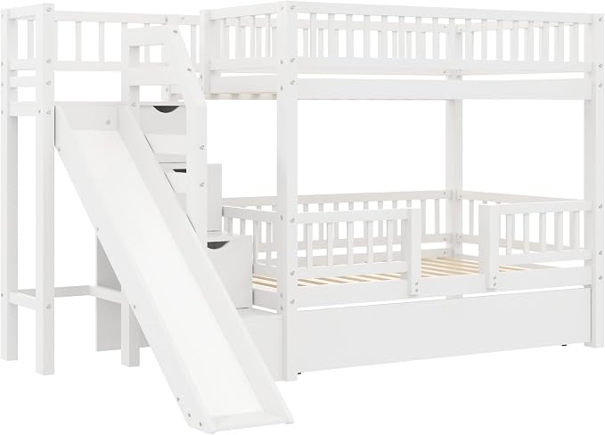 RUNNA Twin Over Twin Bunk Bed with Slide,Trundle,Storage Stairs,White | Twin over twin bunk bed with slide, trundle, storage stairs,solid pine wood frame,guardrails no box spring needed,White