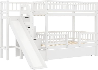 RUNNA Twin Over Twin Bunk Bed with Slide,Trundle,Storage Stairs,White | Twin over twin bunk bed with slide, trundle, storage stairs,solid pine wood frame,guardrails no box spring needed,White