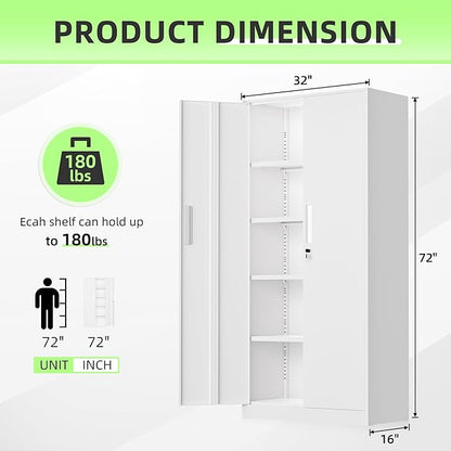 Bonusall 72" Metal Garage Storage Cabinet, 2 Locking Doors & 4 Adjustable Shelves Tall Storage, Heavy Duty Steel Tool Cabinet for Home, Office, Warehouse, School - White