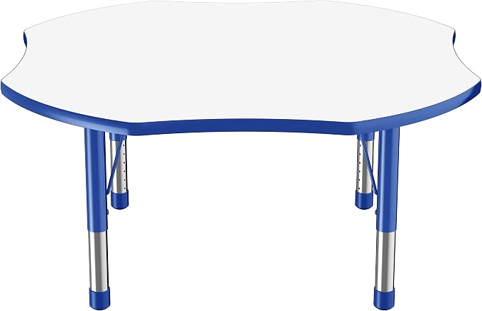 FDP Dry-Erase Clover Activity School and Classroom Kids Table (48 x 48 inch), Chunky Toddler Legs for Collaborative Spaces, Adjustable Height 15-24 inches - Whiteboard Top, Blue Edge and Blue Legs