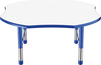 FDP Dry-Erase Clover Activity School and Classroom Kids Table (48 x 48 inch), Chunky Toddler Legs for Collaborative Spaces, Adjustable Height 15-24 inches - Whiteboard Top, Blue Edge and Blue Legs