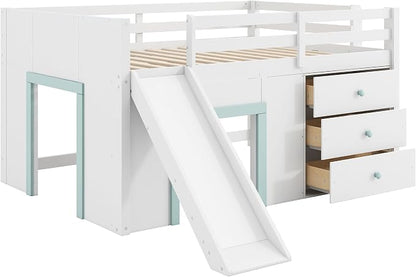 Bellemave Full Size Low loft Bed for Kids,Wood Modern Farmhouse Full Loft Bed with Slide and Drawer Storage, No Box Spring Needed, White