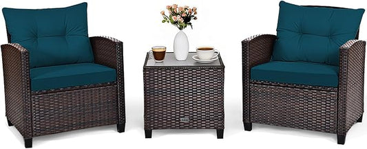 COSTWAY 3PCS Patio Furniture Set, PE Rattan Wicker Sofa w/Washable Cushion and Coffee Table, Tempered Glass Tabletop, Outdoor Conversation Set for Balcony, Porch, Yard, Backyard, Lawn (Blue)
