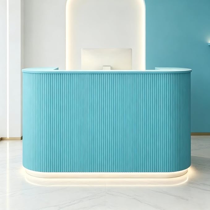 Modern Reception Desk Check Out Counter Front Desk for Spa Salon Office | Power Outlet Lockable Cabinet Keyboard Tray Privacy Panel Cable Grommet Open Storage Storage Cabinet