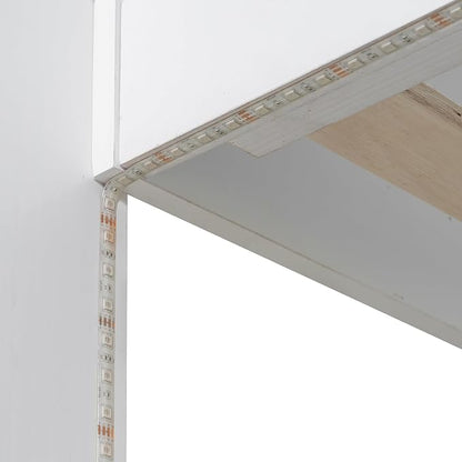 RUNNA Twin Over Full Bunk Bed with Storage Shelves, LED White/LED | Charging Station and a Drawer, Solid Wood Bunk Bed for Kids, Teens, Adults