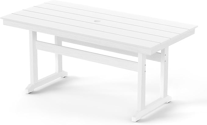 Rectangle Outdoor Dining Tables for 6, HDPS Weather Resistant Patio Dining Table, 66" Outdoor Tables with 1.96" Umbrella Hole for Porch, Balcony, Backyard, White