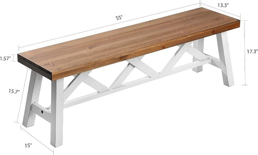 Wnutrees 54" Farmhouse Wood Bench, Rustic Solid Wood Entryway Bench Seat with Double X-Structure for Dining Area Living Room Hallway, Structural Stability, White