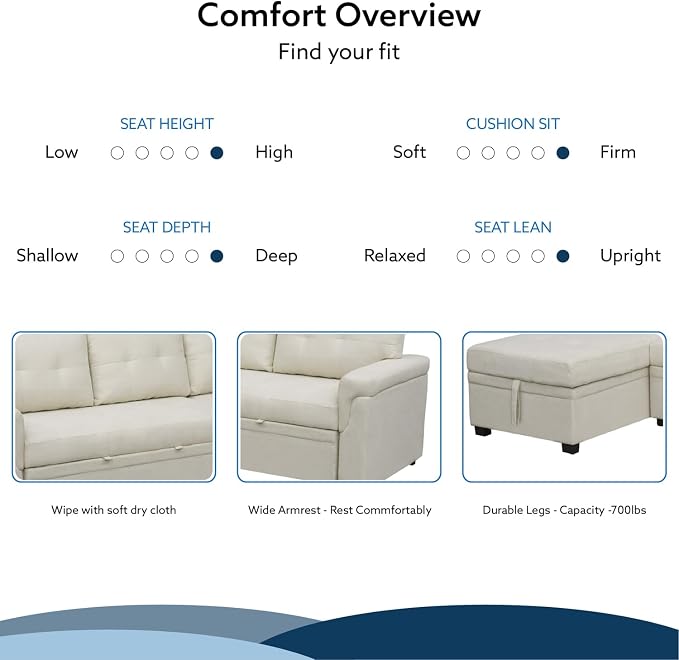 Naomi Home 84" L-Shaped Sectional Sleeper Sofa with Pull Out Bed | Sleeps Guests Comfortably, Stores Essentials in Chaise & Saves Space, Velvet, Cream Convertible Sofa Bed