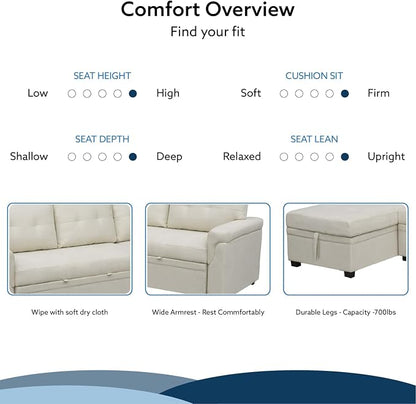 Naomi Home 84" L-Shaped Sectional Sleeper Sofa with Pull Out Bed | Sleeps Guests Comfortably, Stores Essentials in Chaise & Saves Space, Velvet, Cream Convertible Sofa Bed