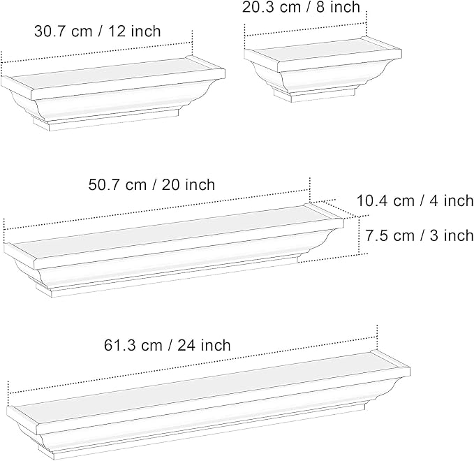SRIWATANA White Floating Shelves, 24 Inch Solid Wood Storage Wall Shelves Set of 4 Display Ledge Shelves Decor for Bedroom, Living Room, Bathroom, Kitchen