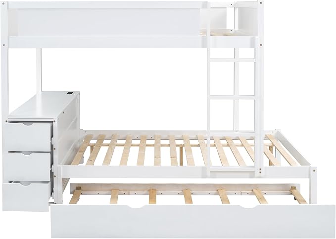 Harper & Bright Designs Full Over Full Bunk Bed Twin Size Trundle, Wood Full Bunk Bed with USB Ports, Storage and Desk, White