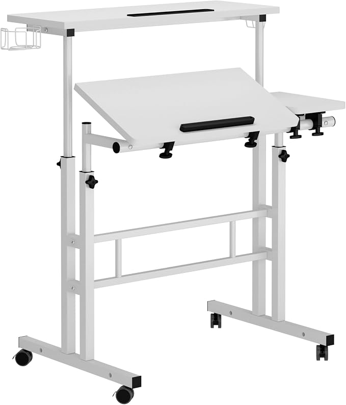 SogesHome 31.5 inch Mobile Standing Desk Adjustable Computer Desk Rolling Laptop Cart Portable Laptop Stand on Wheels Home Office Workstation with Cup Holder,Headphone Holder, Upgrade White