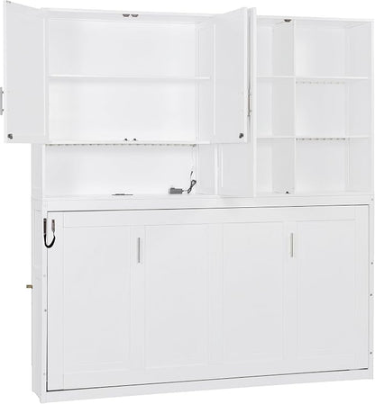 Ball & Cast Murphy Bed Twin Bed Frame with Top Cabinet,Hideaway Bedframe w/Shelves and Dual-Piston Metal Folding Mechanism,Space Saving Foldable Bed w/Light & USB,for Small Room,White