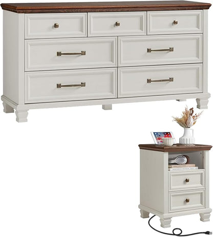 SAVOR LIFE Farmhouse Dresser and Nightstand Sets 2 Piece, 7 Drawer Dresser & 2 Drawer Nightstand Set, Rustic Wood Bedroom Furniture Set for Home, Bedroom, Hallway, White