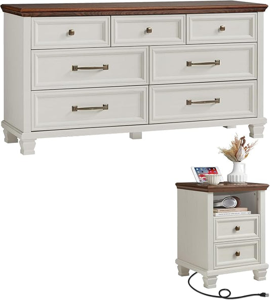SAVOR LIFE Farmhouse Dresser and Nightstand Sets 2 Piece, 7 Drawer Dresser & 2 Drawer Nightstand Set, Rustic Wood Bedroom Furniture Set for Home, Bedroom, Hallway, White