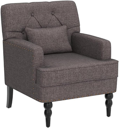 HUIMO Tufted Club Chair with Lumbar Pillow,Upholstered Button Armchair,Accent Reading Chair,Linen Fabric Sofa Chairs for Bedroom, Living Room, Mid Century Modern with Studded Chair Grey
