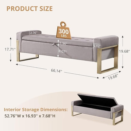 End of Bed Storage Bench, 67'' Benches for Bedroom Foot of Bed King Size, Upholstered Velvet Storage Ottoman Bench with Gold Legs for Window Living Room Entryway, Khaki Grey