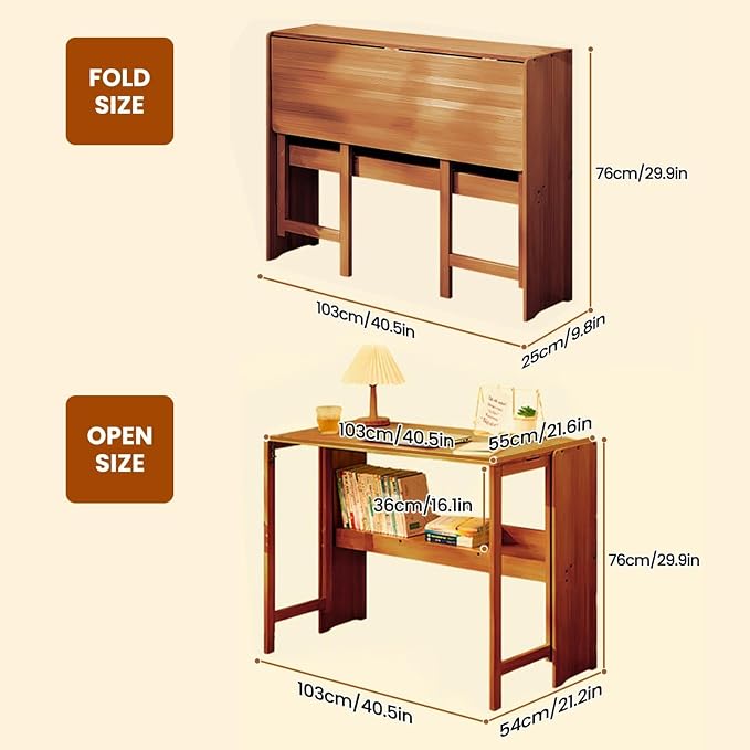 Bamboo Foldable Desk, 41" Folding Bamboo Desk for Small Spaces, Mid Century Small Computer Desks with Bookshelf, Wooden Desks for Home Bedroom Study Office, Brown