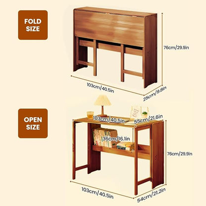 Bamboo Foldable Desk, 41" Folding Bamboo Desk for Small Spaces, Mid Century Small Computer Desks with Bookshelf, Wooden Desks for Home Bedroom Study Office, Brown
