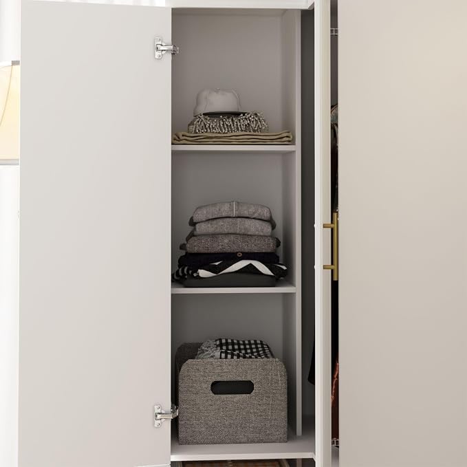 MOUMON L-Shaped 4 Door Wardrobe Closet with Shelves, Armoire Wardrobe Closet with Hanging Rod, Top Cube Storage, White and Gold 35.4”W x 35.4”D x 94.7”H