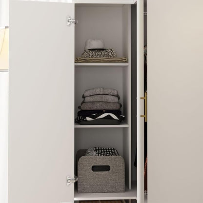 MOUMON L-Shaped 4 Door Wardrobe Closet with Shelves, Armoire Wardrobe Closet with Hanging Rod, Top Cube Storage, White and Gold 35.4”W x 35.4”D x 94.7”H