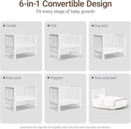 MAMAZING EvoNest 6-in-1 Convertible Baby Mini Crib with Wheels | GREENGUARD Gold Certified, New Zealand Pine Wood, 4 Adjustable Heights, Rocking Mode, Small Spaces Design, White