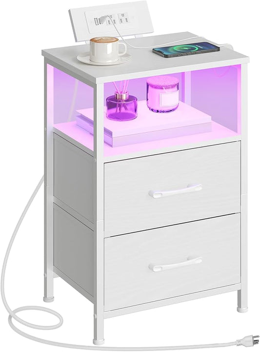 HOOBRO Nightstand with Charging Station, Bedside Table with LED Lights and 2 Fabric Drawers, End Table with 2 AC Outlets and USB Port, Small Night Stand for Bedroom, White WT118UDBZ01