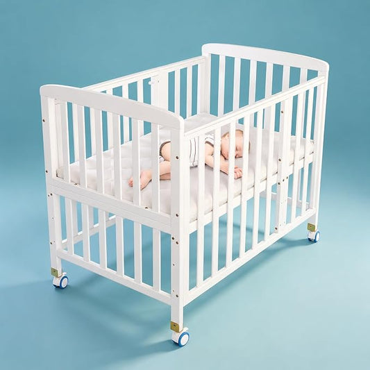 Flwrgirl Mini Baby Crib with Mattress,Portable Bedside Sleeper & Bassinet,5 Adjustable Heights,Wood Nursery Crib with Locking Wheels,Compact Baby Bed for Newborns & Infants,White