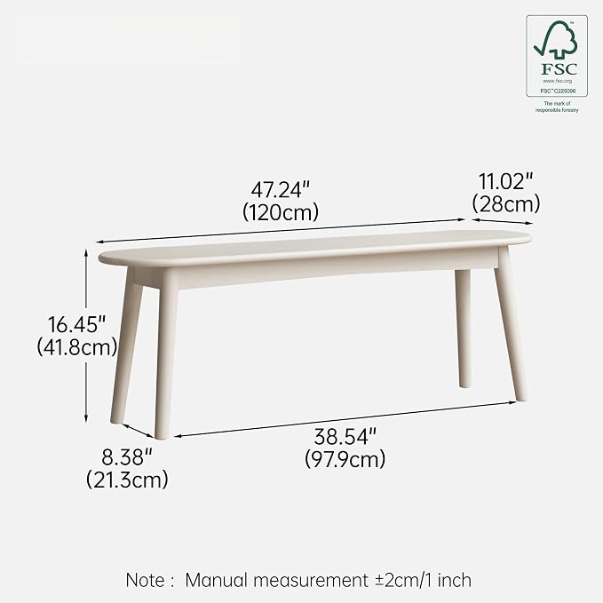 Modern Farmhouse Dining Bench with 100% Solid Rubberwood Bench Frame, Bed End Bench Entryway Bench Ottoman for Kitchen Living Room Bedroom Entrance (Wood White, 47.2'')
