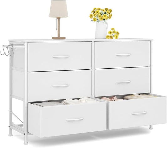Dresser for Bedroom with 6 Drawers, Small Fabric Dressers for Kids Bedroom, Chest of Drawers, Storage Organizer Dresser for Closet, Nursery, Dorm, Apartment, TV Stand Living Room Wooden Top (White)