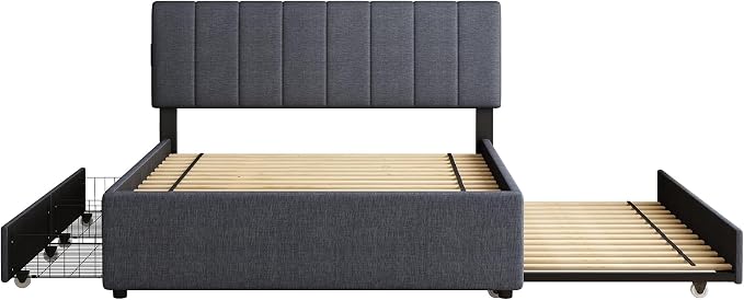 Queen Size Upholstered Platform Bed w/Trundle Bed & 2Storage Drawers | Twin Size Trundle,Two Drawers,LED Lighting Controlled by APP, USB+Type-C Charging Ports,Linen Upholstered Bed Frame,Dark Grey